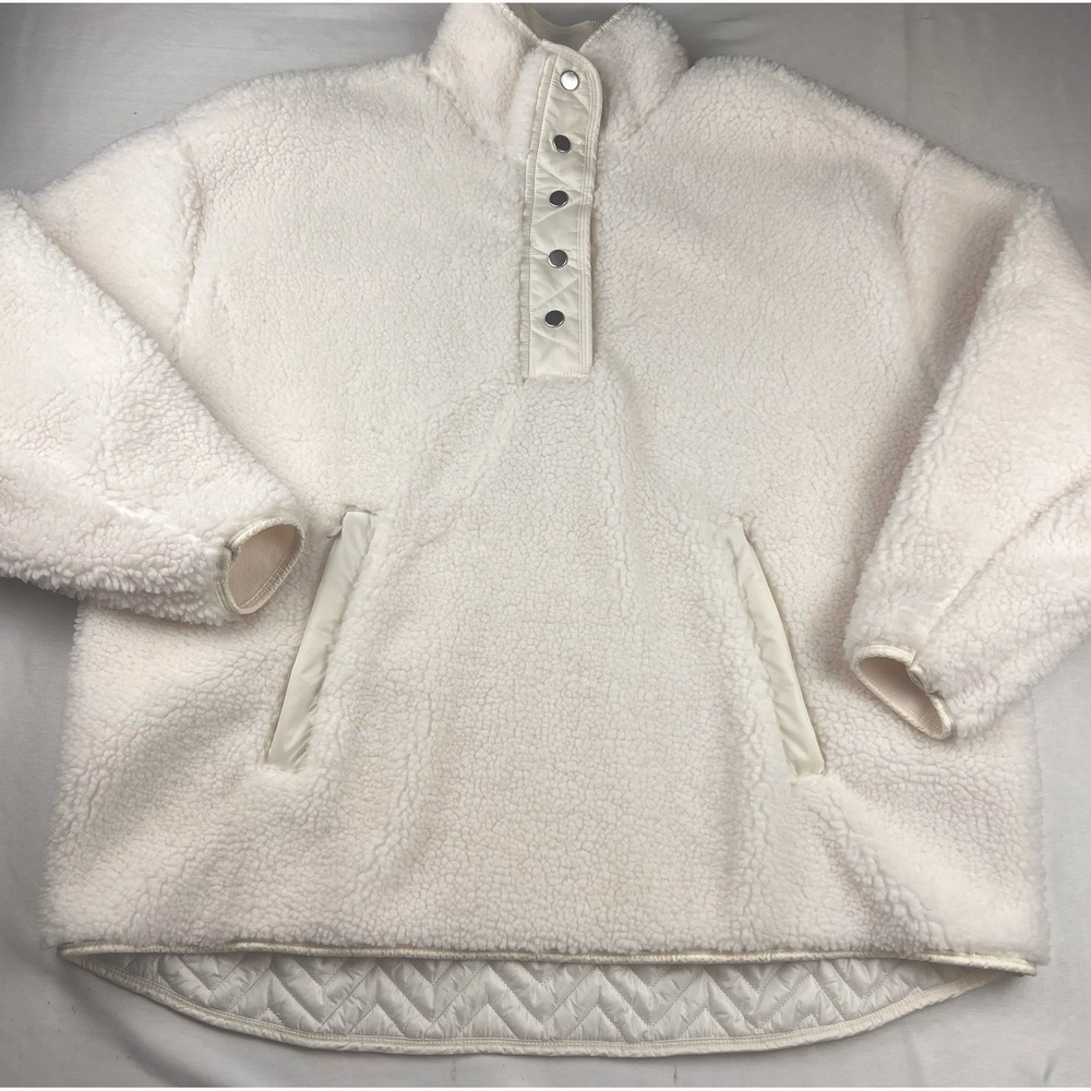 Athleta Teddy Sherpa Snap Pullover Fleece Quilted Trim White Womens Plus 1X